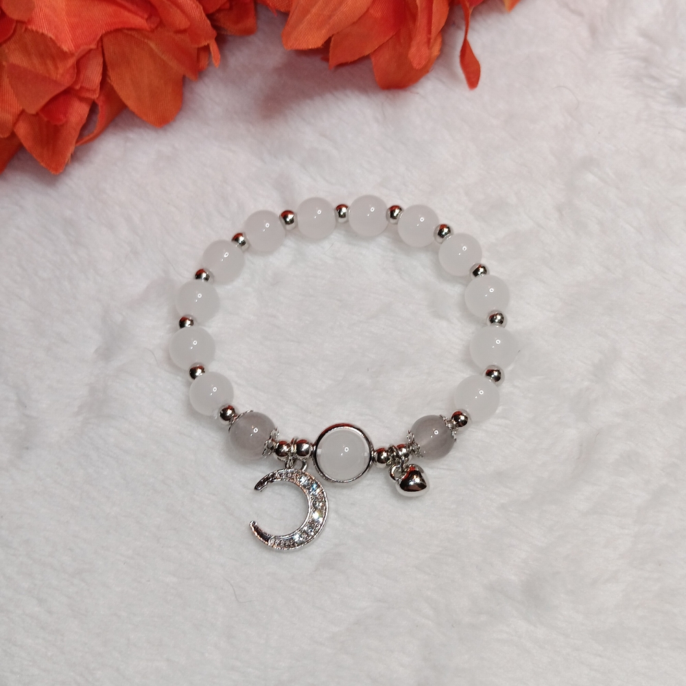 Elegant Silver and White Beaded Bracelet with Moon Charm